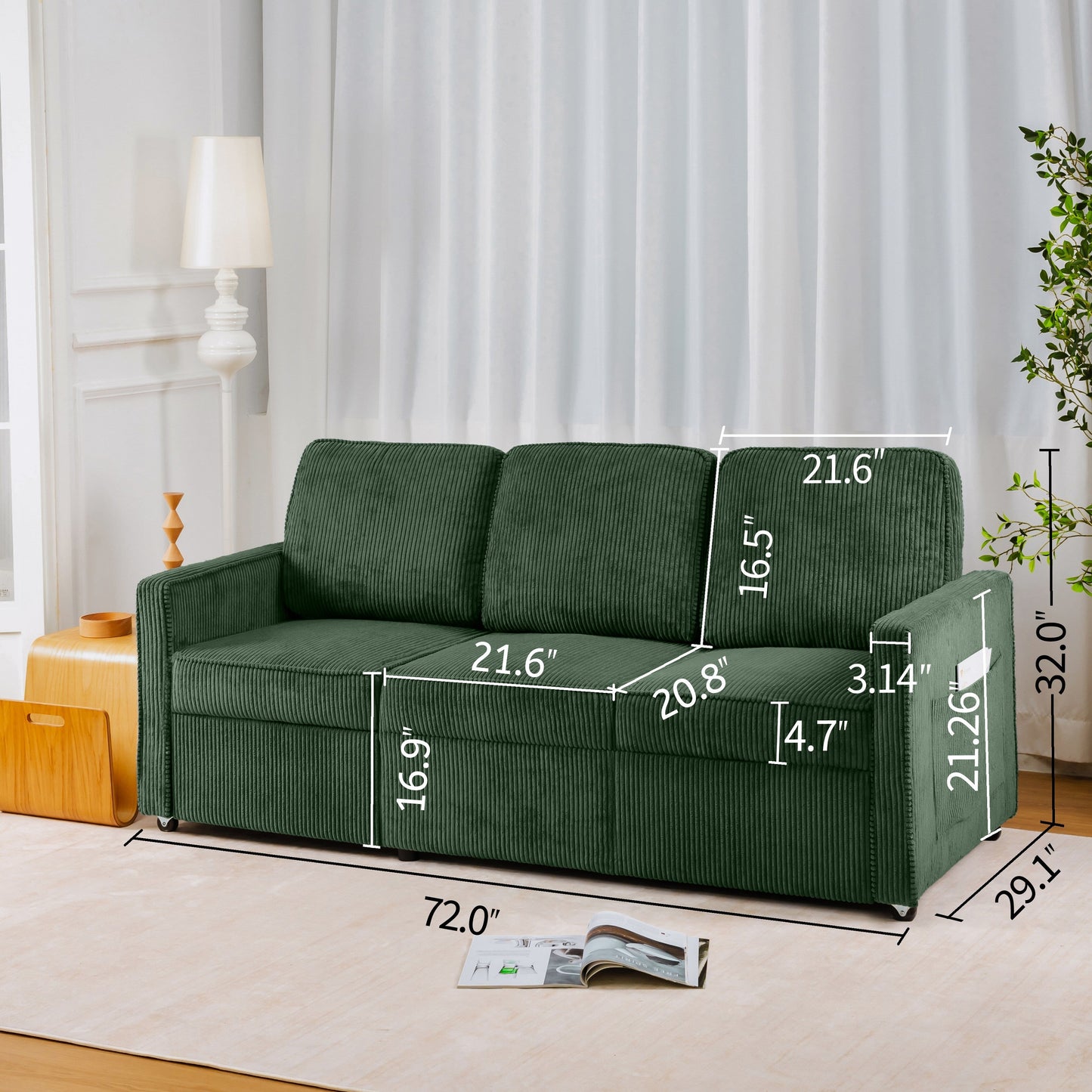 72.64 Corduroy 3-Seater Sofa with High-Density Sponge and Spring Cushions