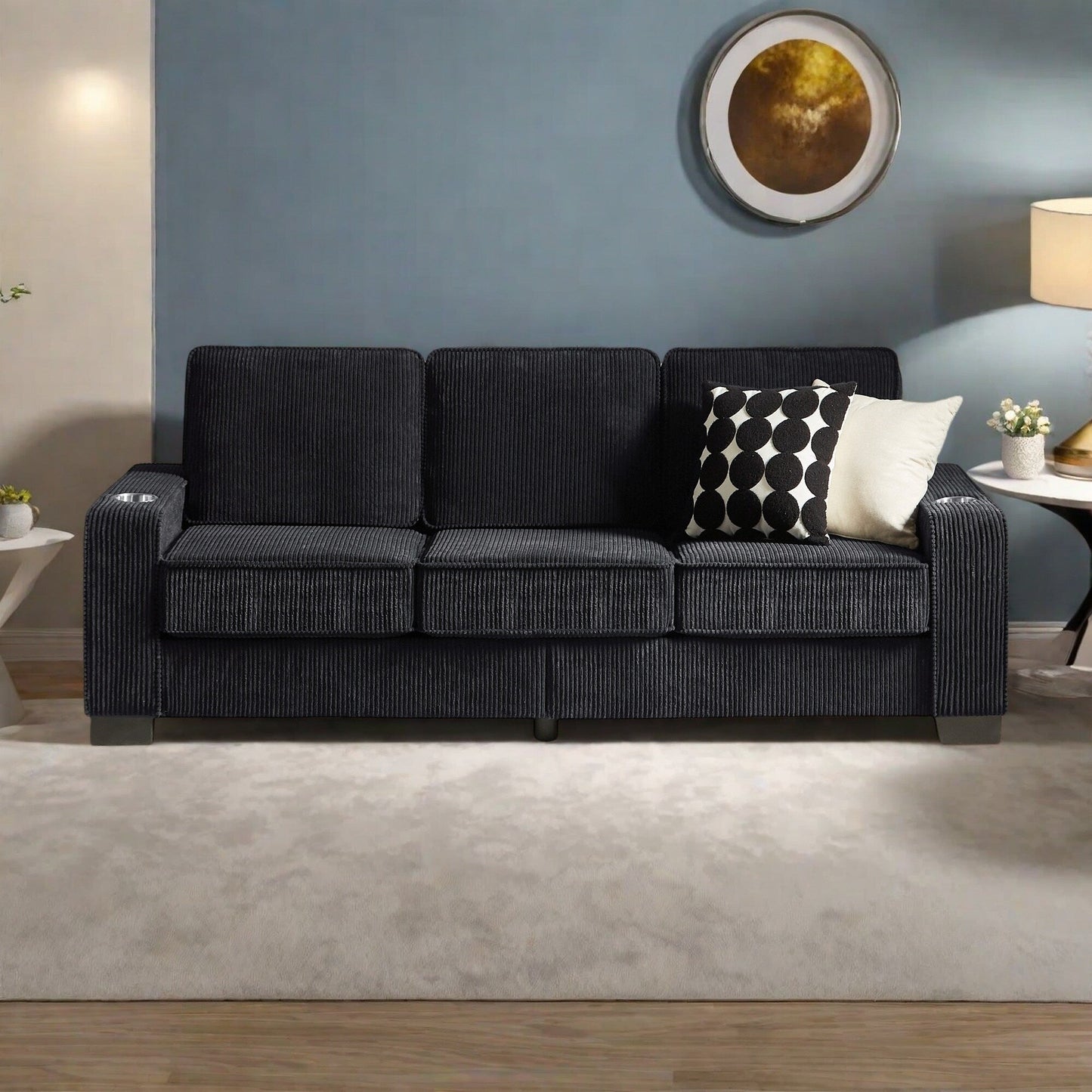 84.25 Corduroy 3-Seater Sofa with Cup Holder Armrests - High-Density Sponge and Spring Cushions