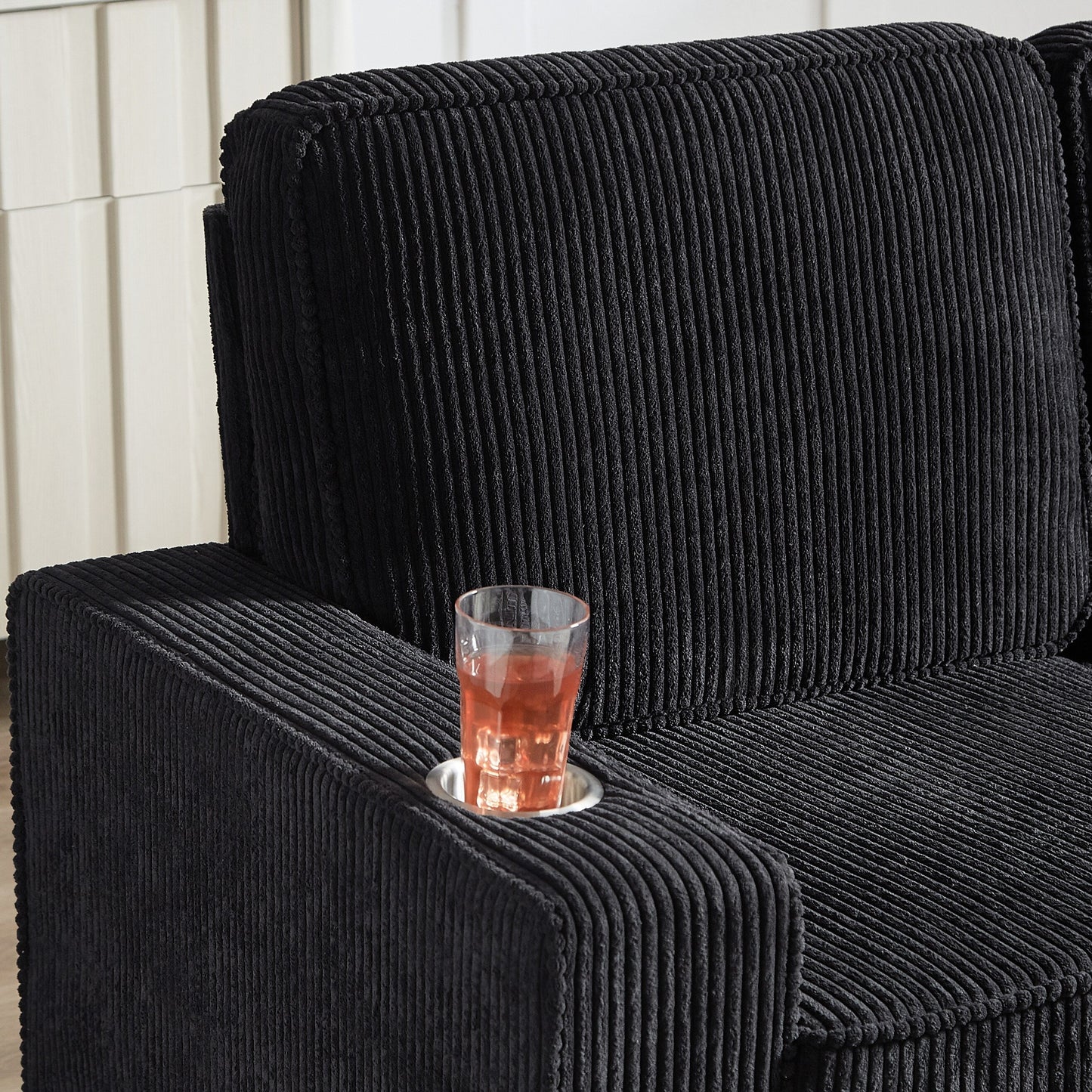 84.25 Corduroy 3-Seater Sofa with Cup Holder Armrests - High-Density Sponge and Spring Cushions