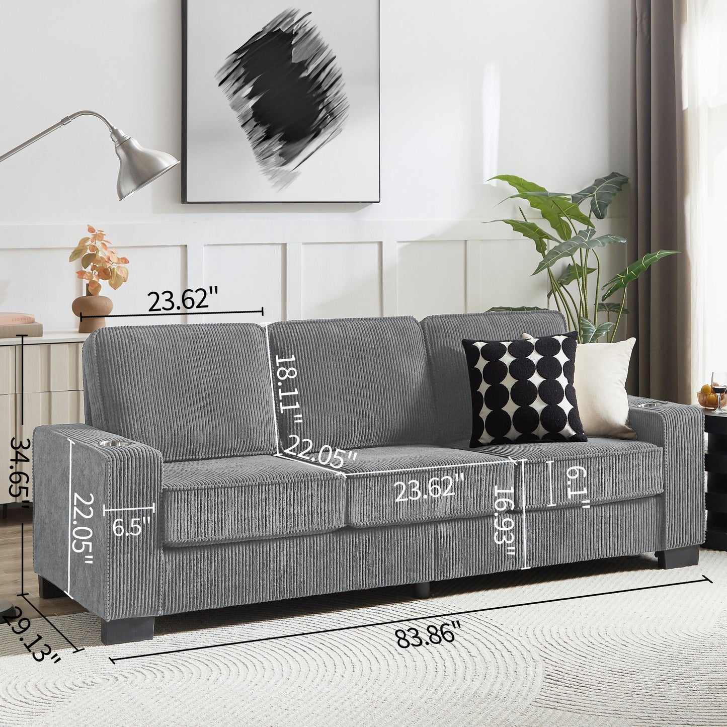 84.25 Corduroy 3-Seater Sofa with Cup Holder Armrests - High-Density Sponge and Spring Cushions