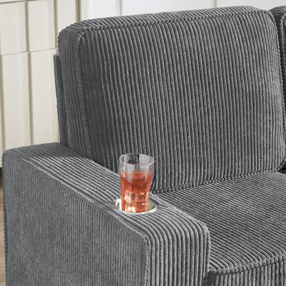 84.25 Corduroy 3-Seater Sofa with Cup Holder Armrests - High-Density Sponge and Spring Cushions