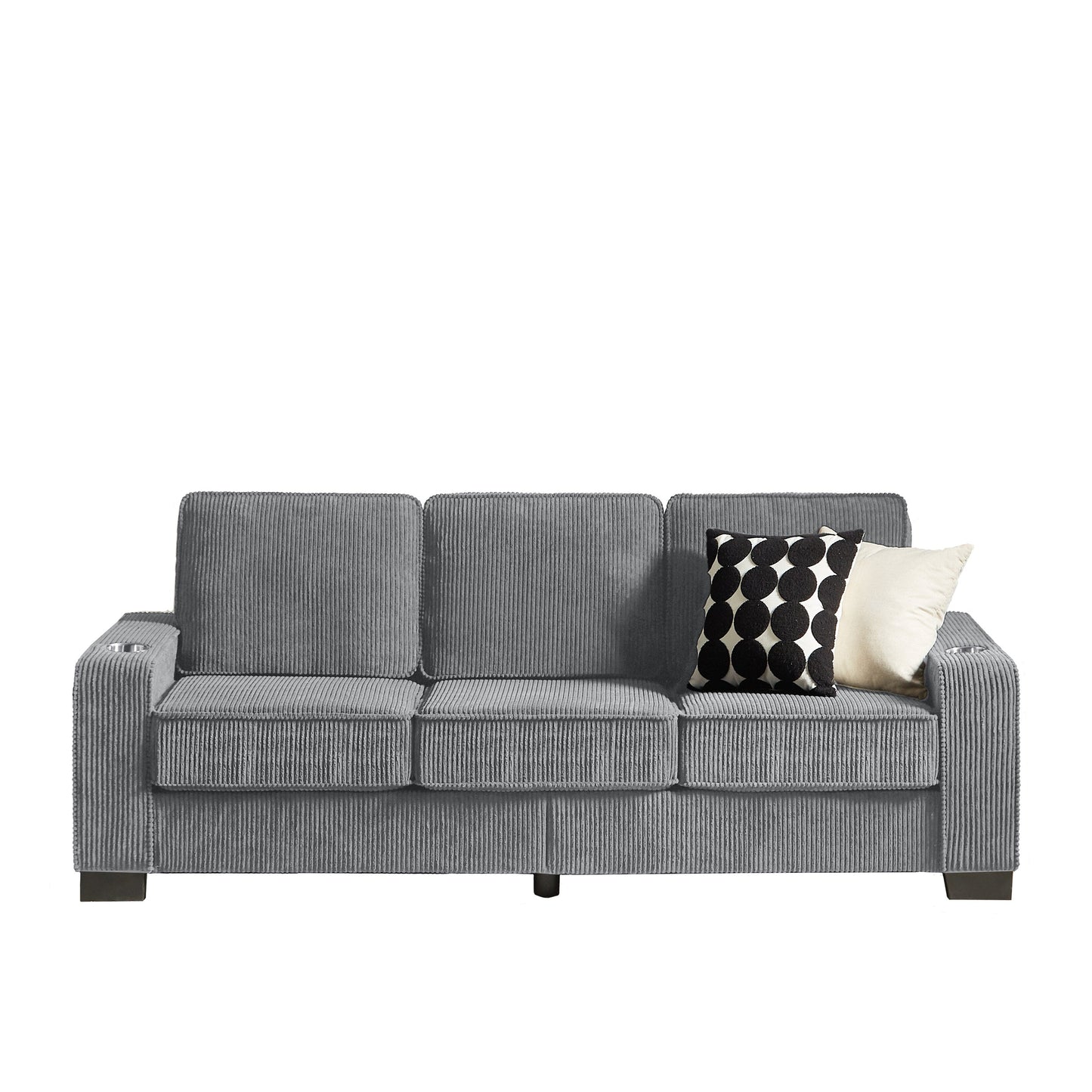 84.25 Corduroy 3-Seater Sofa with Cup Holder Armrests - High-Density Sponge and Spring Cushions
