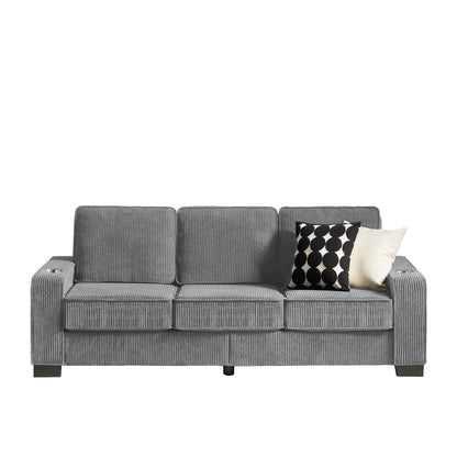 84.25 Corduroy 3-Seater Sofa with Cup Holder Armrests - High-Density Sponge and Spring Cushions