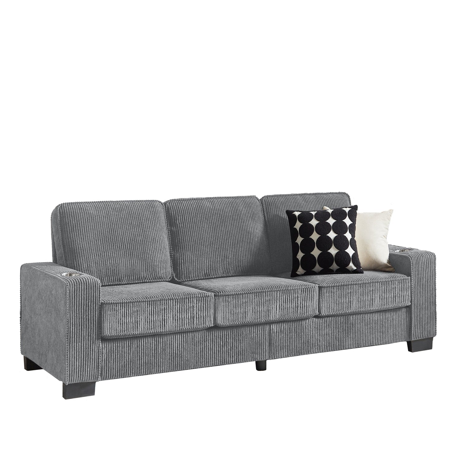 84.25 Corduroy 3-Seater Sofa with Cup Holder Armrests - High-Density Sponge and Spring Cushions
