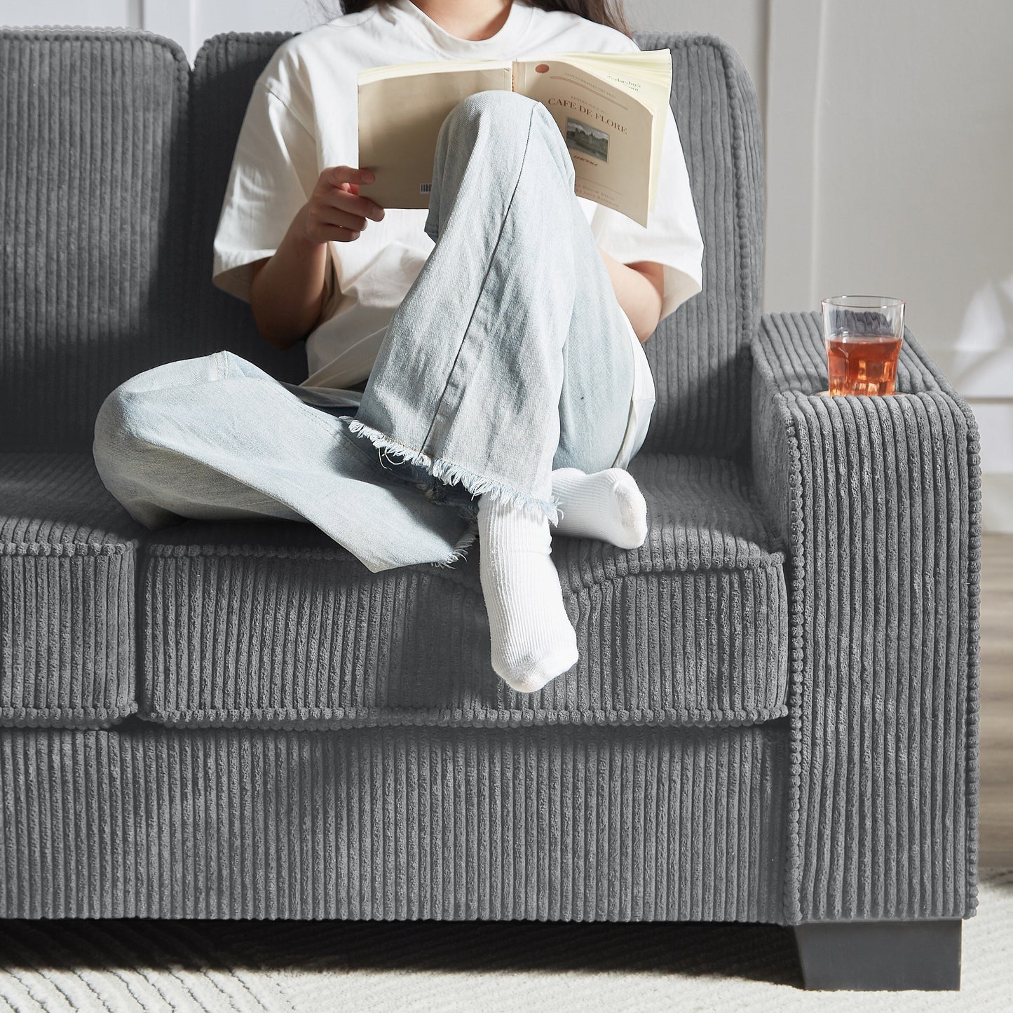 84.25 Corduroy 3-Seater Sofa with Cup Holder Armrests - High-Density Sponge and Spring Cushions