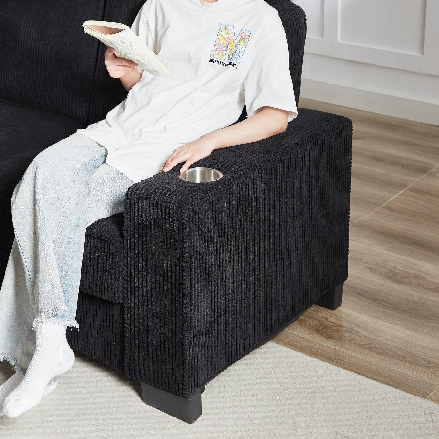84.25 Corduroy 3-Seater Sofa with Cup Holder Armrests - High-Density Sponge and Spring Cushions