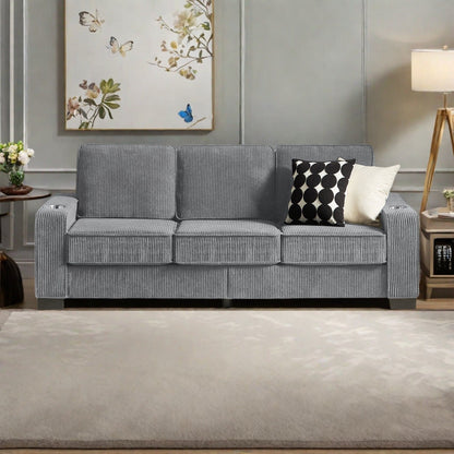 84.25 Corduroy 3-Seater Sofa with Cup Holder Armrests - High-Density Sponge and Spring Cushions