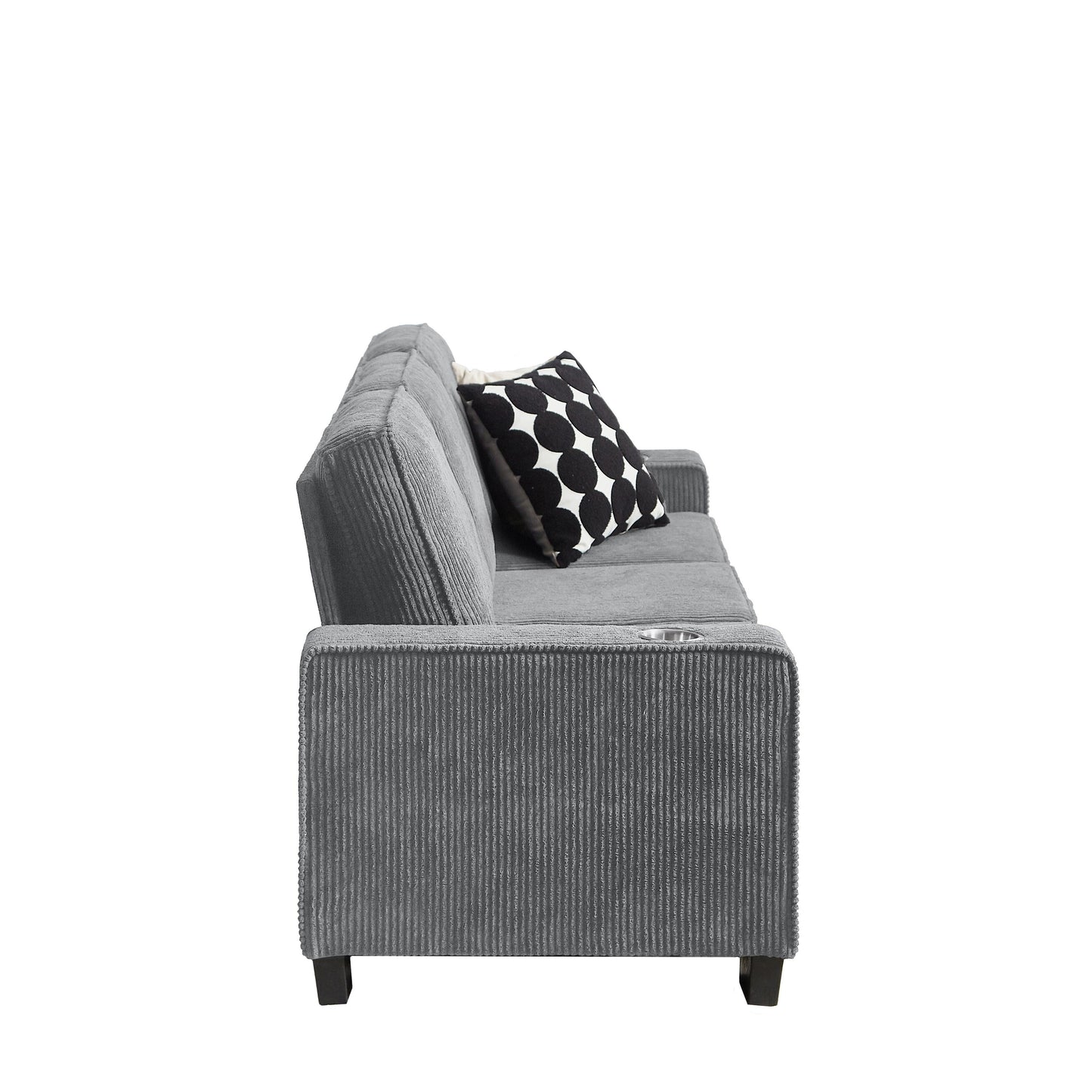 84.25 Corduroy 3-Seater Sofa with Cup Holder Armrests - High-Density Sponge and Spring Cushions