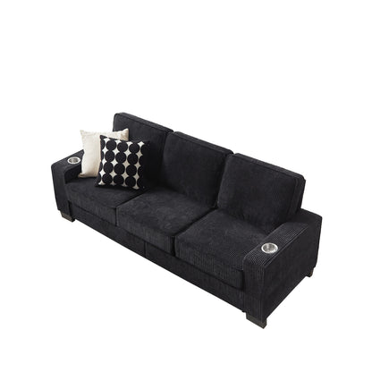84.25 Corduroy 3-Seater Sofa with Cup Holder Armrests - High-Density Sponge and Spring Cushions