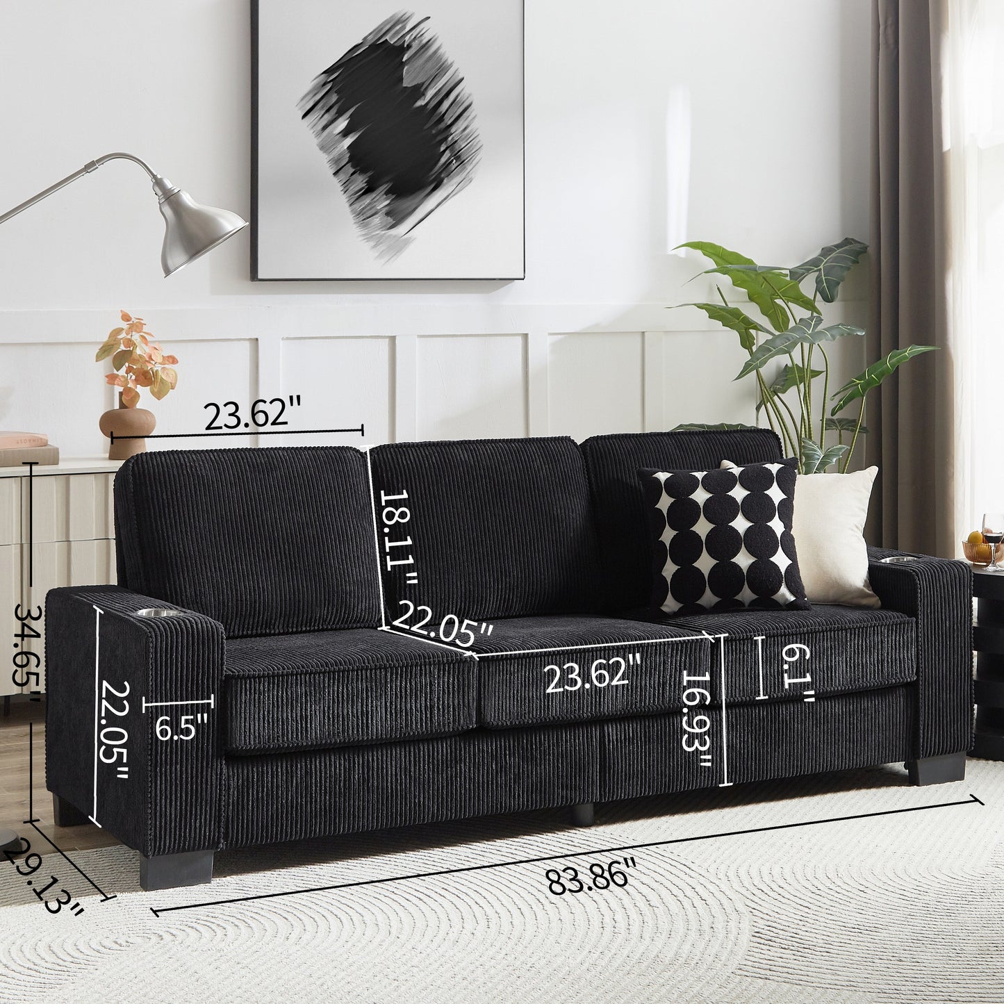 84.25 Corduroy 3-Seater Sofa with Cup Holder Armrests - High-Density Sponge and Spring Cushions