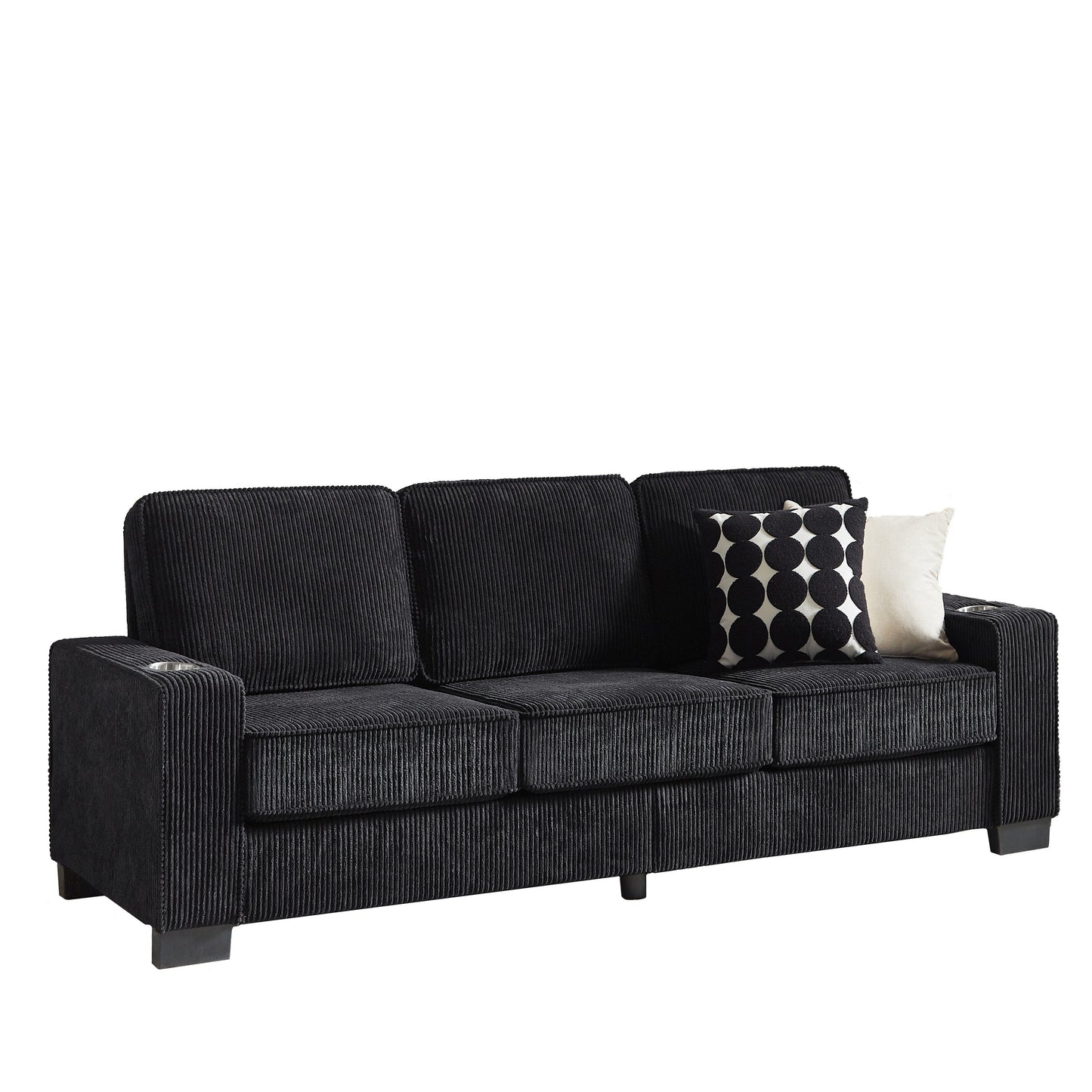 84.25 Corduroy 3-Seater Sofa with Cup Holder Armrests - High-Density Sponge and Spring Cushions