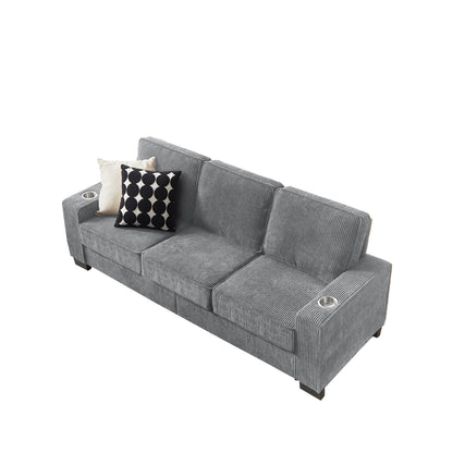 84.25 Corduroy 3-Seater Sofa with Cup Holder Armrests - High-Density Sponge and Spring Cushions