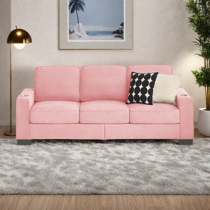 84.25 Velvet 3-Seater Sofa with Cup Holder Armrests and High-Density Spring Cushions