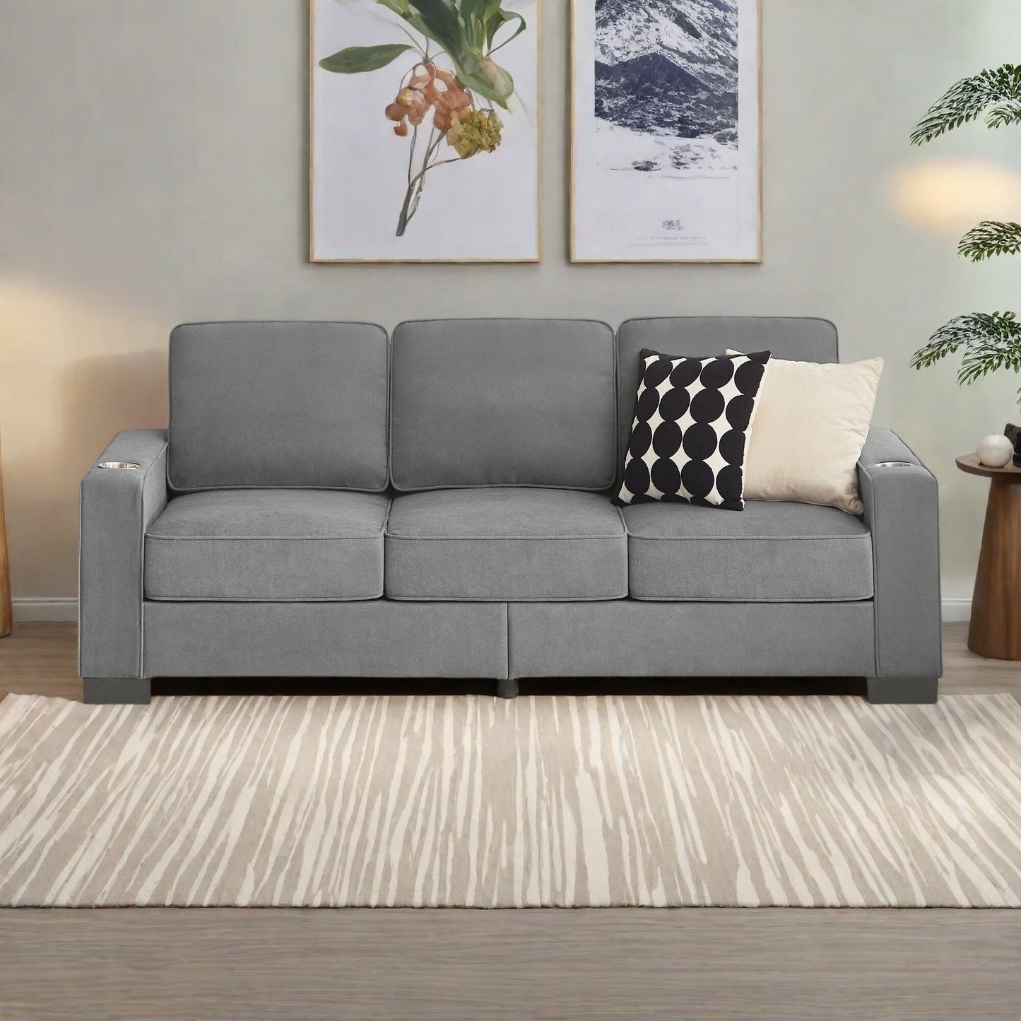 84.25 Velvet 3-Seater Sofa with Cup Holder Armrests and High-Density Spring Cushions