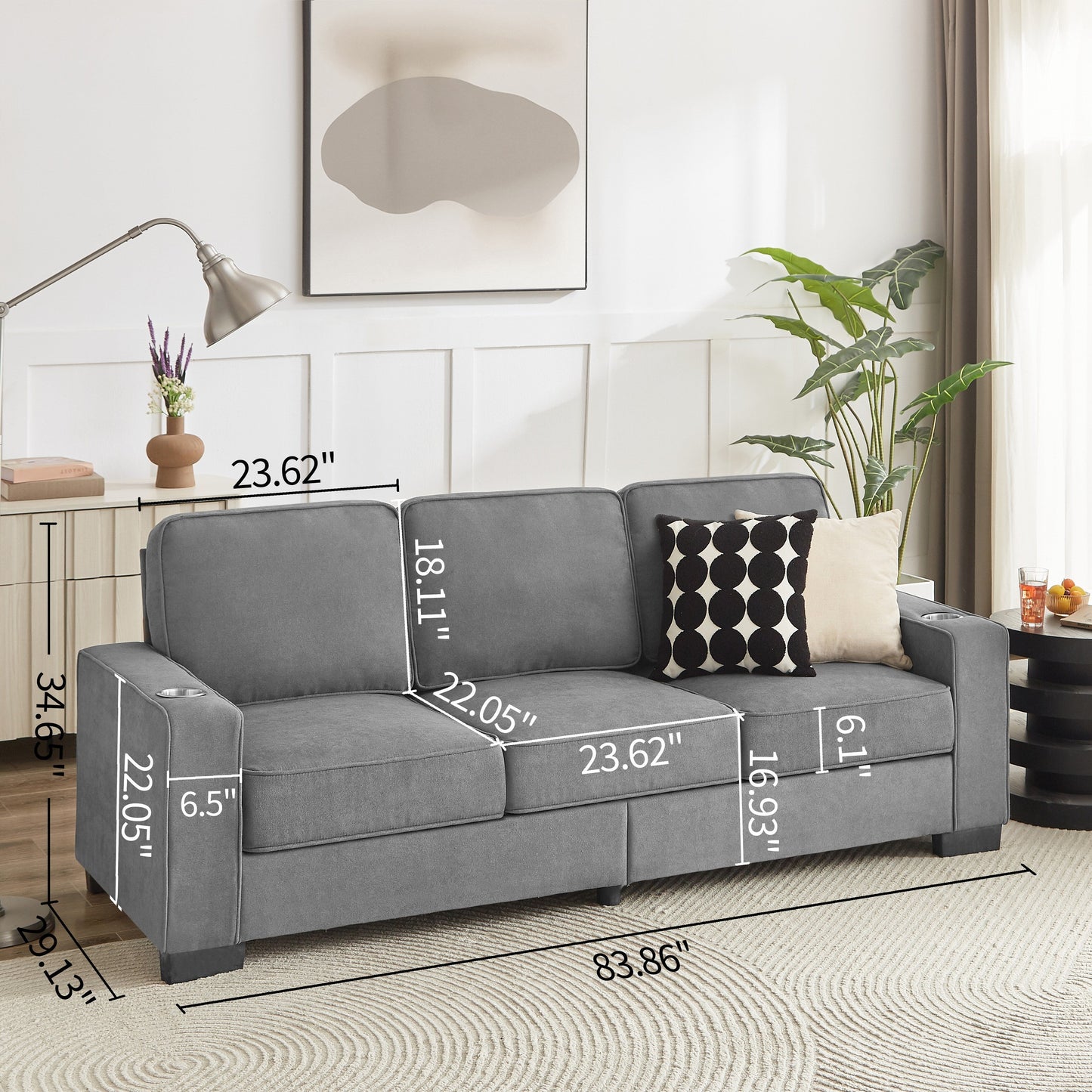 84.25 Velvet 3-Seater Sofa with Cup Holder Armrests and High-Density Spring Cushions