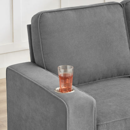 84.25 Velvet 3-Seater Sofa with Cup Holder Armrests and High-Density Spring Cushions