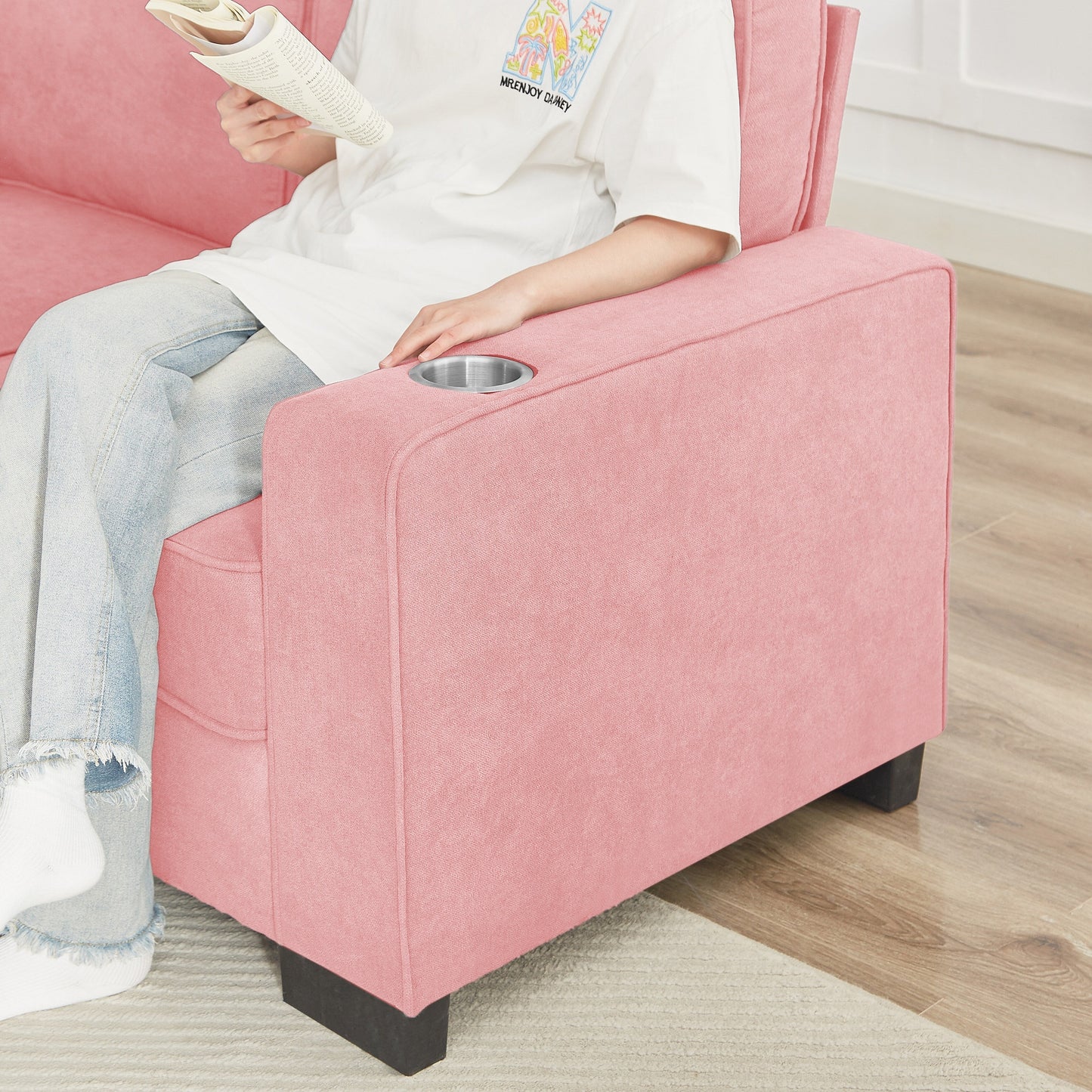 84.25 Velvet 3-Seater Sofa with Cup Holder Armrests and High-Density Spring Cushions