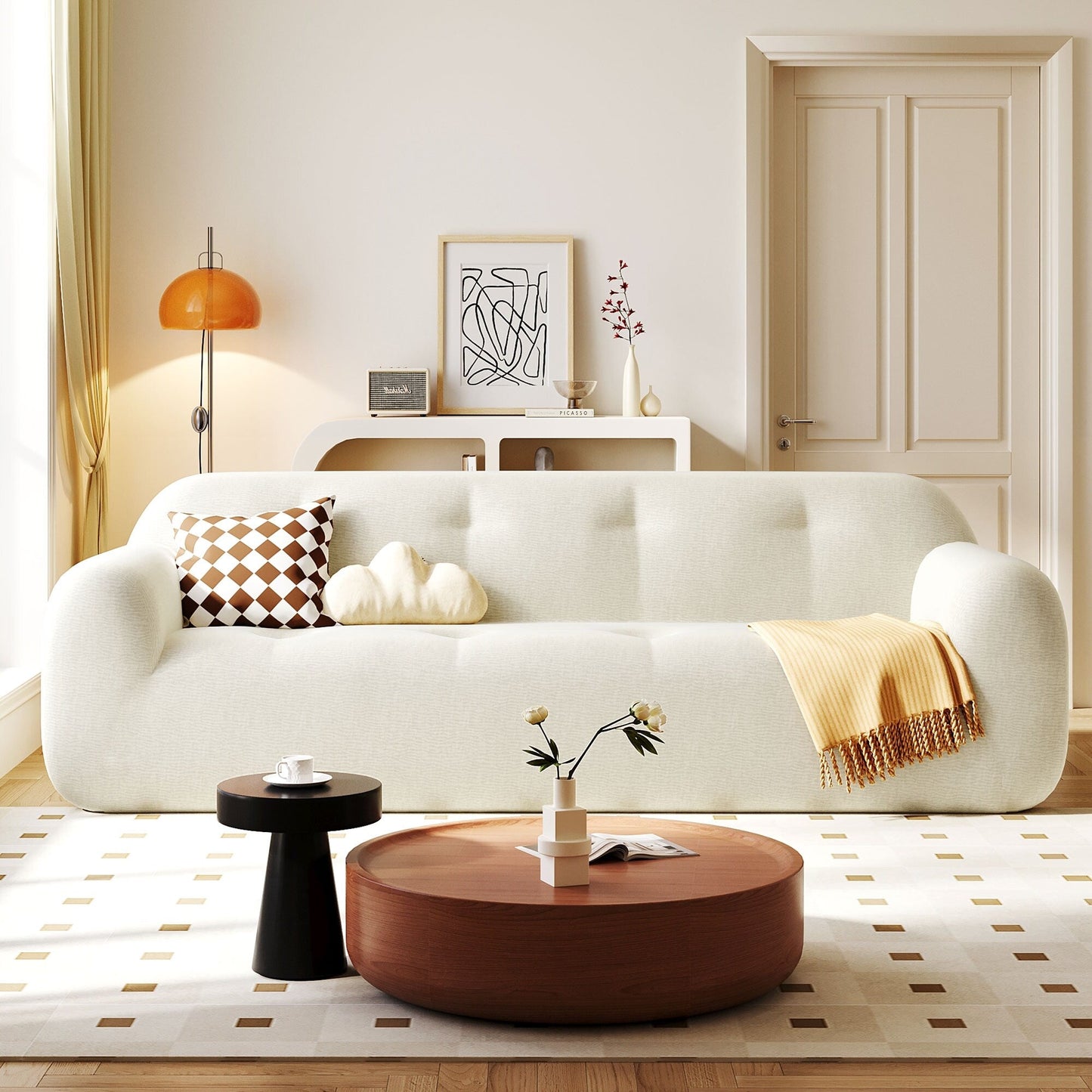 85.8 Wide Chenille Fabric 3-Seater Sofa with Tufted Style, Full Sponge Compression Design, with Powder-Free Foam