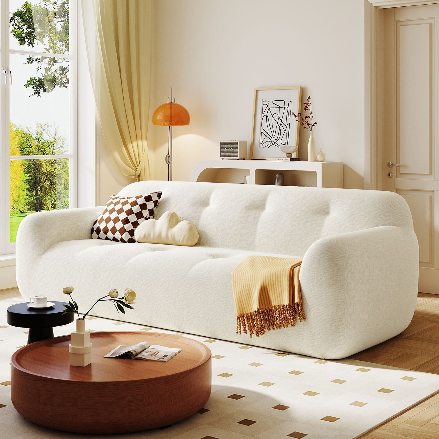 85.8 Wide Chenille Fabric 3-Seater Sofa with Tufted Style, Full Sponge Compression Design, with Powder-Free Foam