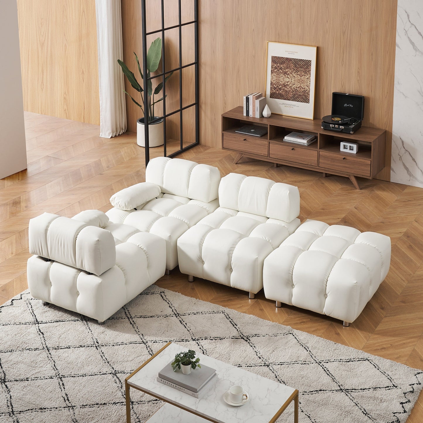 90.6 Inch White Modern Tech Fabric Sofa Waterproof Stain Resistant Foldable 3-Seater with Metal Legs