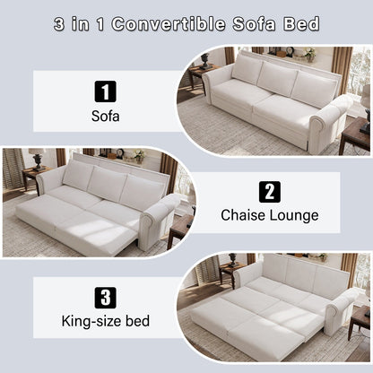 93.7Velvet 3-Seater Sleeper Sofa 3-in-1 with Rolled Arms & Nailhead Trim