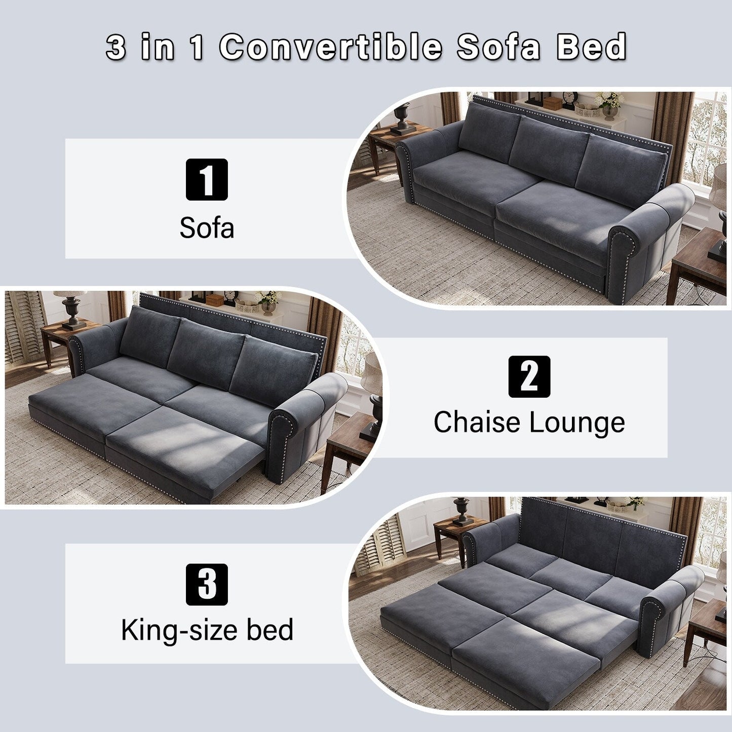 93.7Velvet 3-Seater Sleeper Sofa 3-in-1 with Rolled Arms & Nailhead Trim