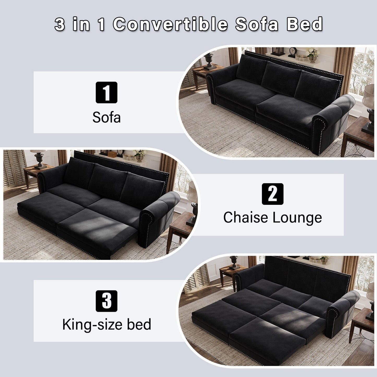 93.7Velvet 3-Seater Sleeper Sofa 3-in-1 with Rolled Arms & Nailhead Trim