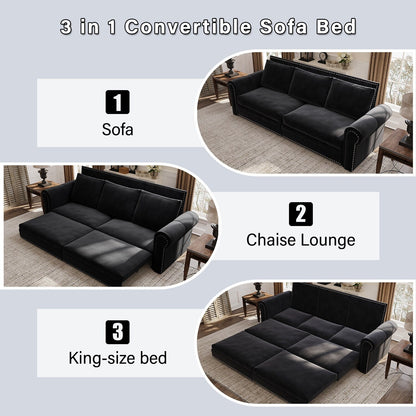 93.7Velvet 3-Seater Sleeper Sofa 3-in-1 with Rolled Arms & Nailhead Trim