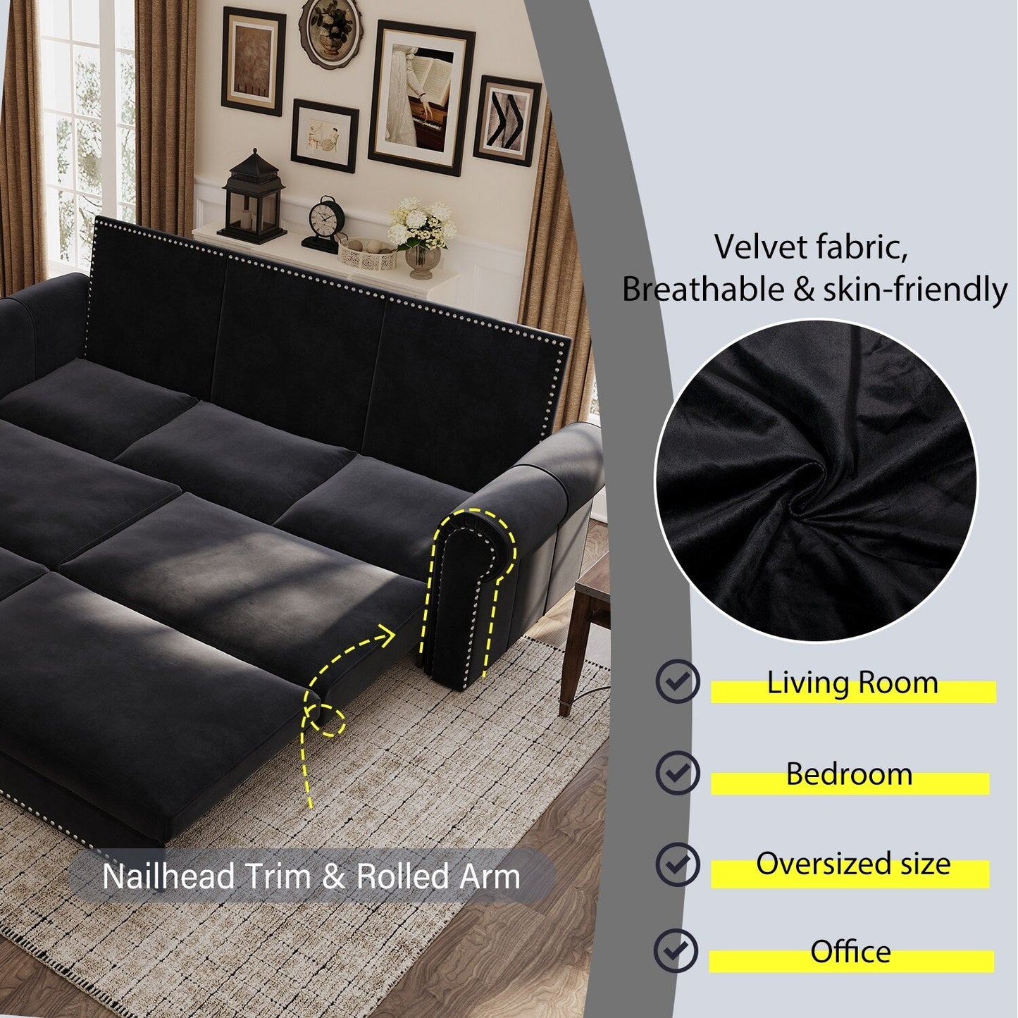 93.7Velvet 3-Seater Sleeper Sofa 3-in-1 with Rolled Arms & Nailhead Trim