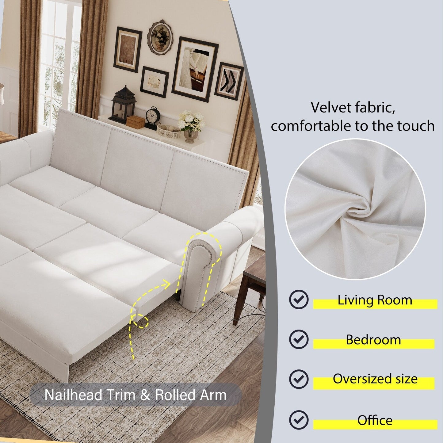 93.7Velvet 3-Seater Sleeper Sofa 3-in-1 with Rolled Arms & Nailhead Trim