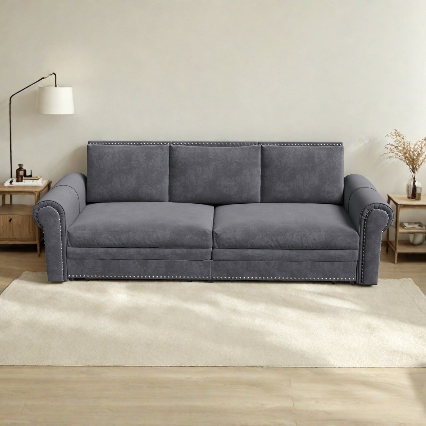 93.7Velvet 3-Seater Sleeper Sofa 3-in-1 with Rolled Arms & Nailhead Trim