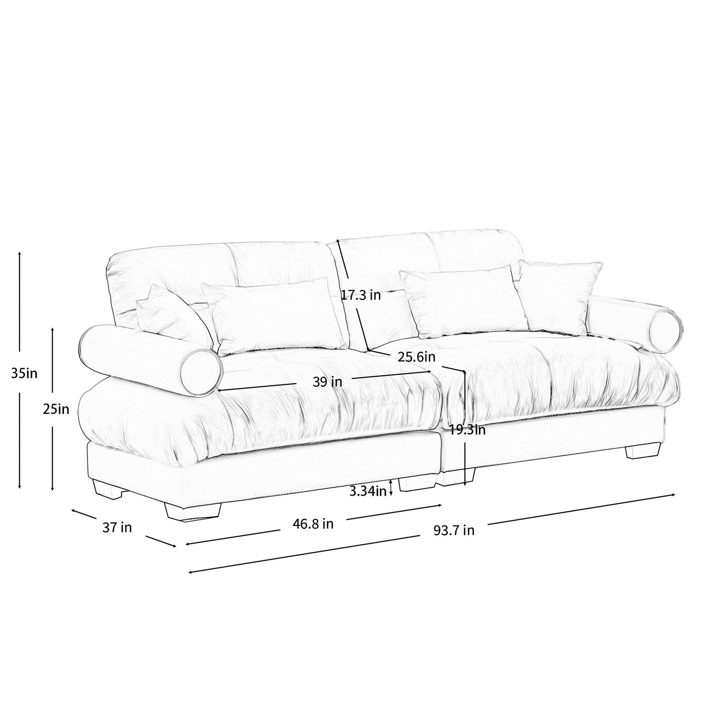93.7Velvet 3-Seater Sofa with Bolster Armrests, High-Resilience Sponge Cushions