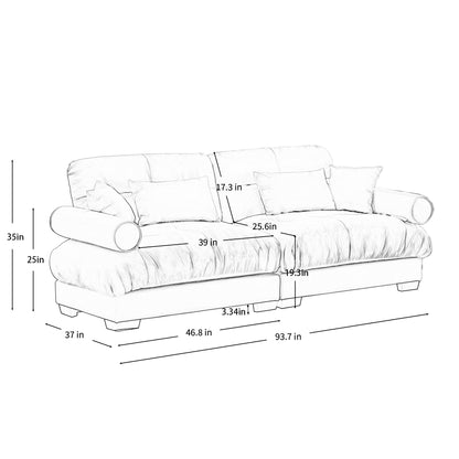 93.7Velvet 3-Seater Sofa with Bolster Armrests, High-Resilience Sponge Cushions
