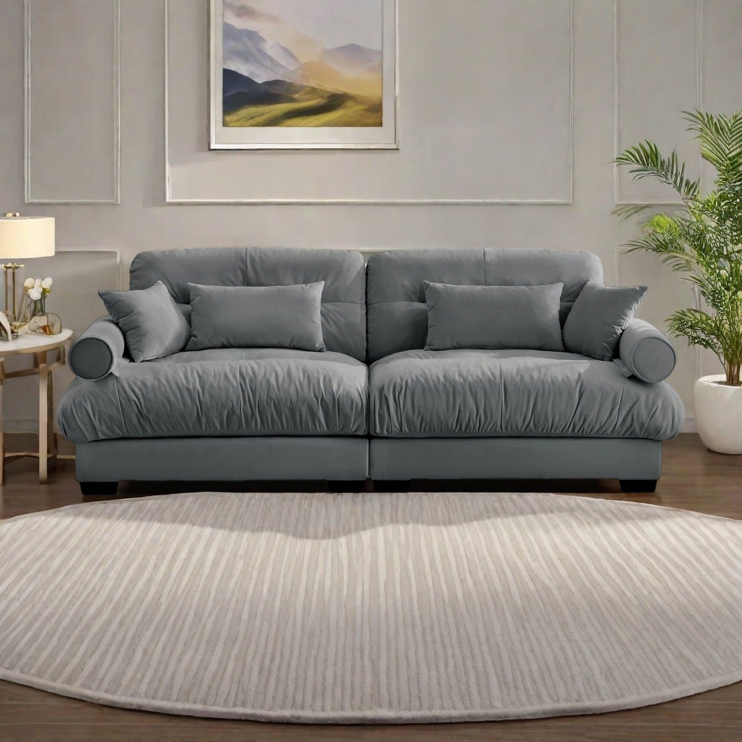 93.7Velvet 3-Seater Sofa with Bolster Armrests, High-Resilience Sponge Cushions