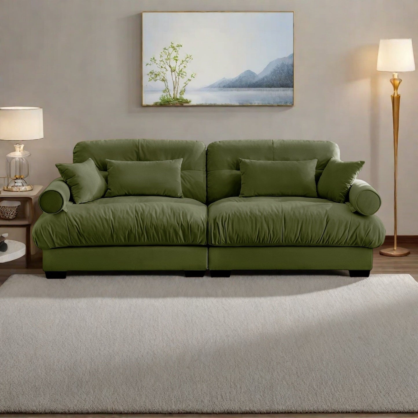 93.7Velvet 3-Seater Sofa with Bolster Armrests, High-Resilience Sponge Cushions