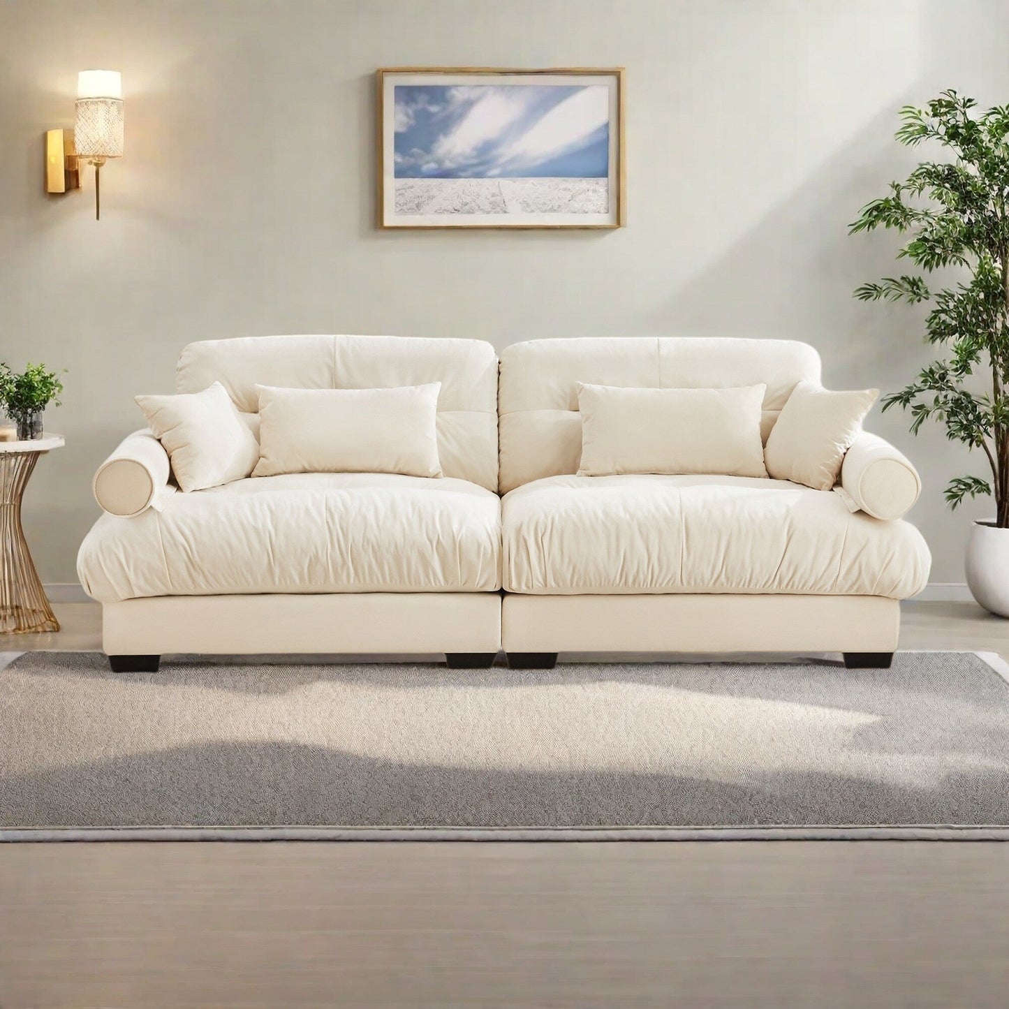 93.7Velvet 3-Seater Sofa with Bolster Armrests, High-Resilience Sponge Cushions