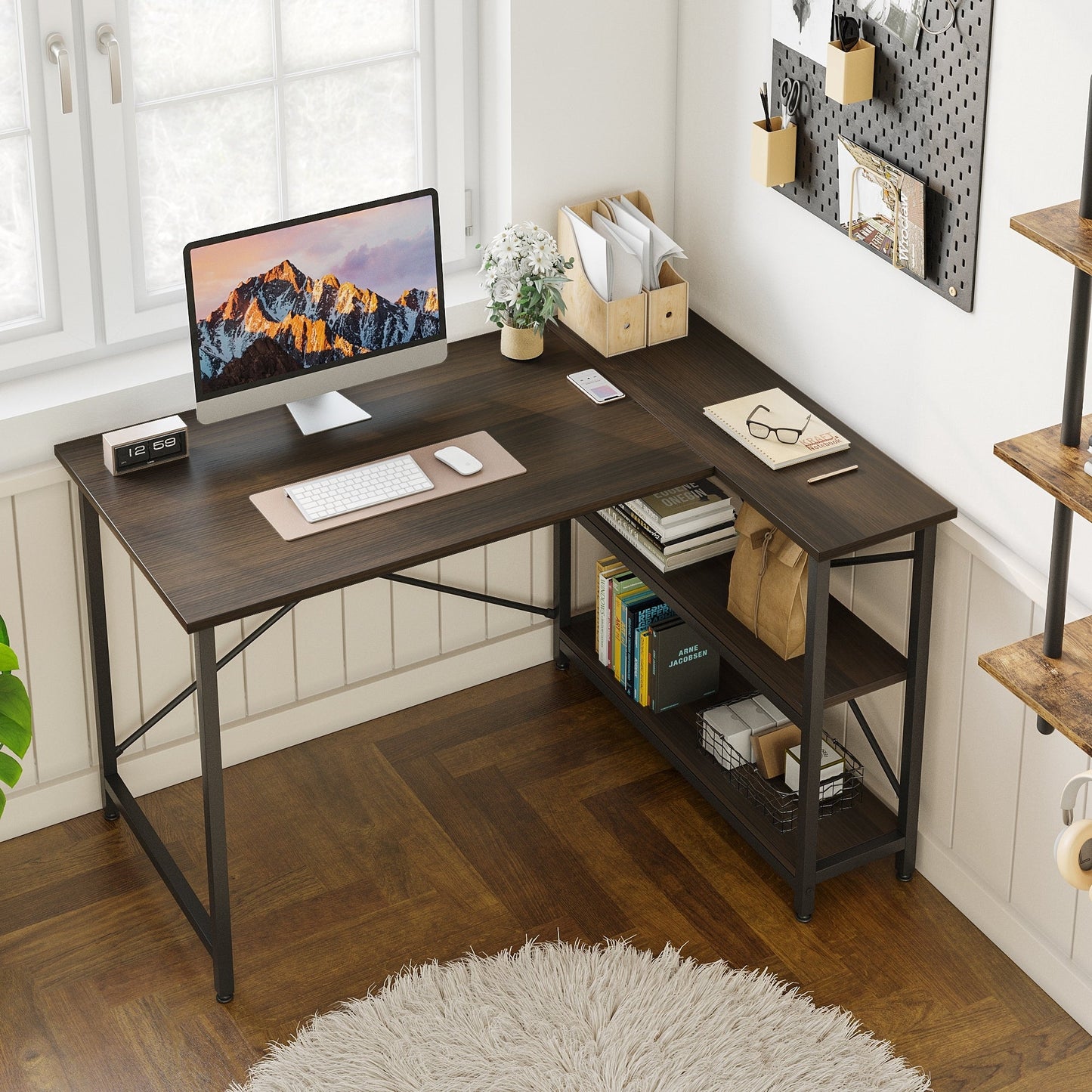 Petit bureau en L avec étagères de rangement Bureau d'ordinateur d'angle