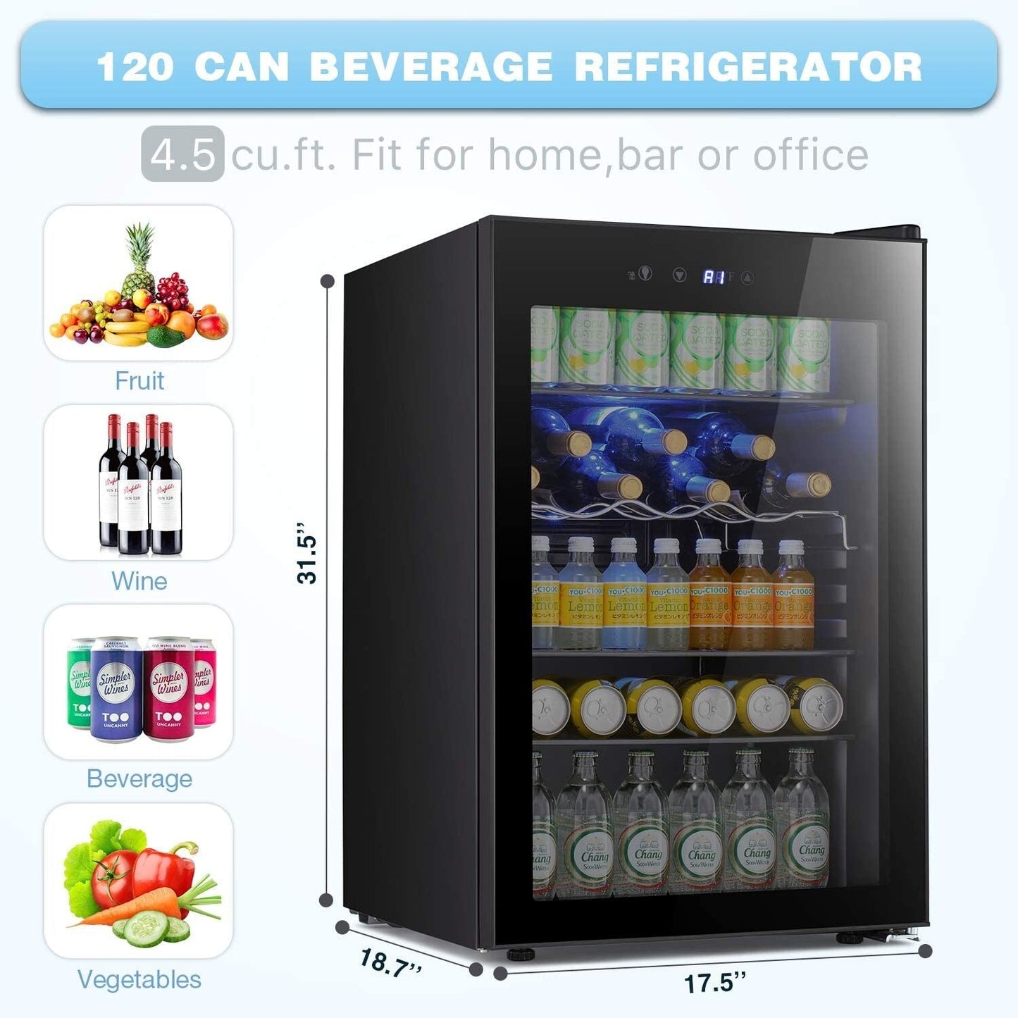 Cave à vin de 4,4 pi³ avec éclairage LED et boutons tactiles, étagères amovibles, moins de 38 dB