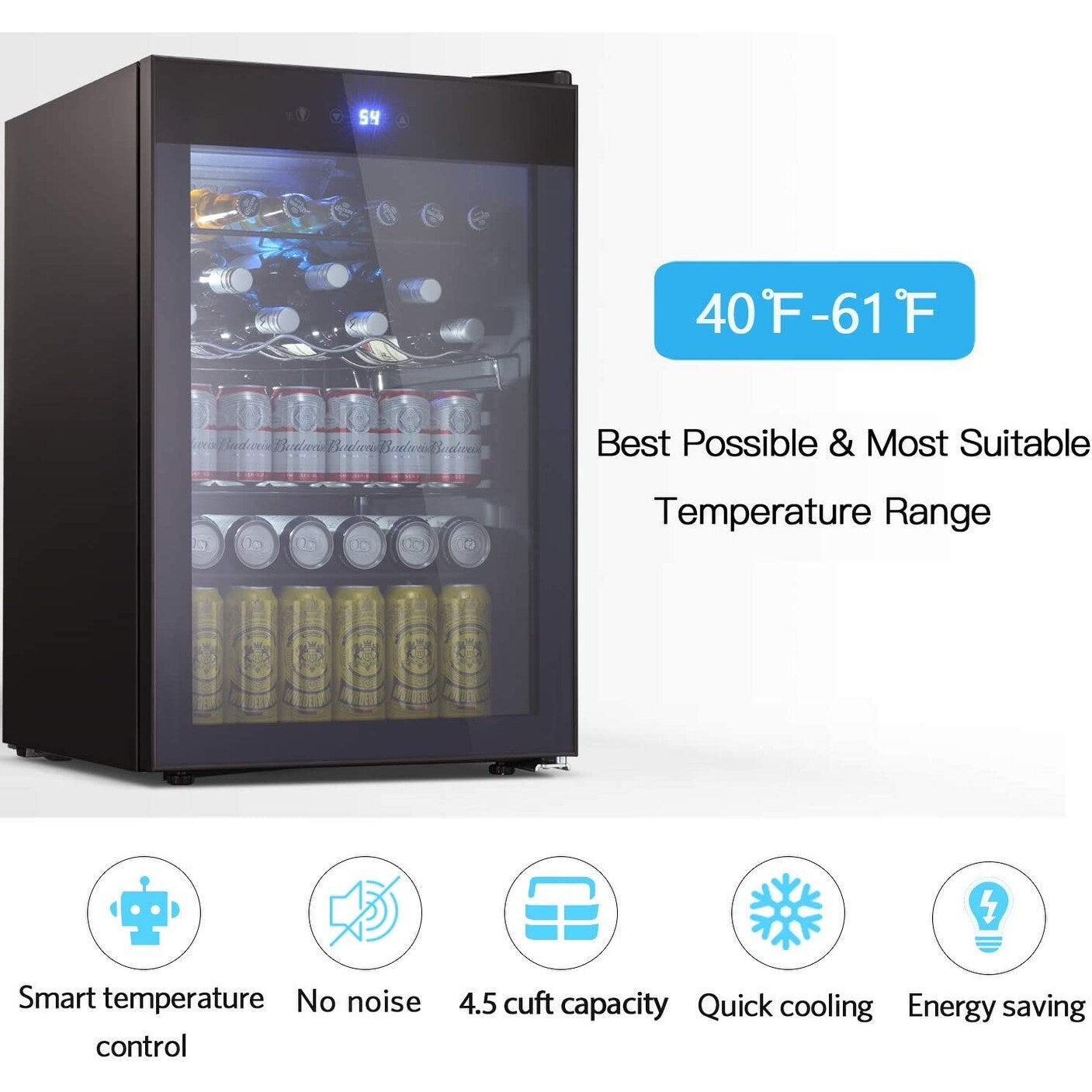 Cave à vin de 4,4 pi³ avec éclairage LED et boutons tactiles, étagères amovibles, moins de 38 dB
