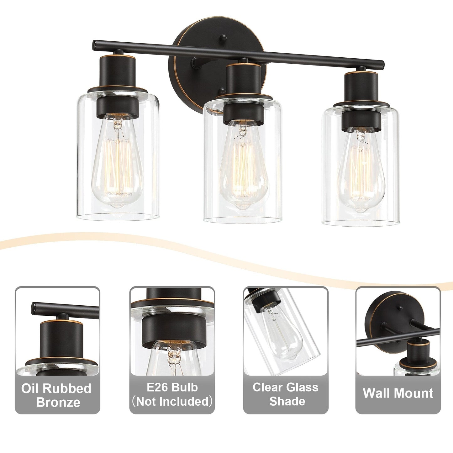 Luminaire de salle de bain à 3 lumières de 17 po, en bronze huilé, pour meuble-lavabo