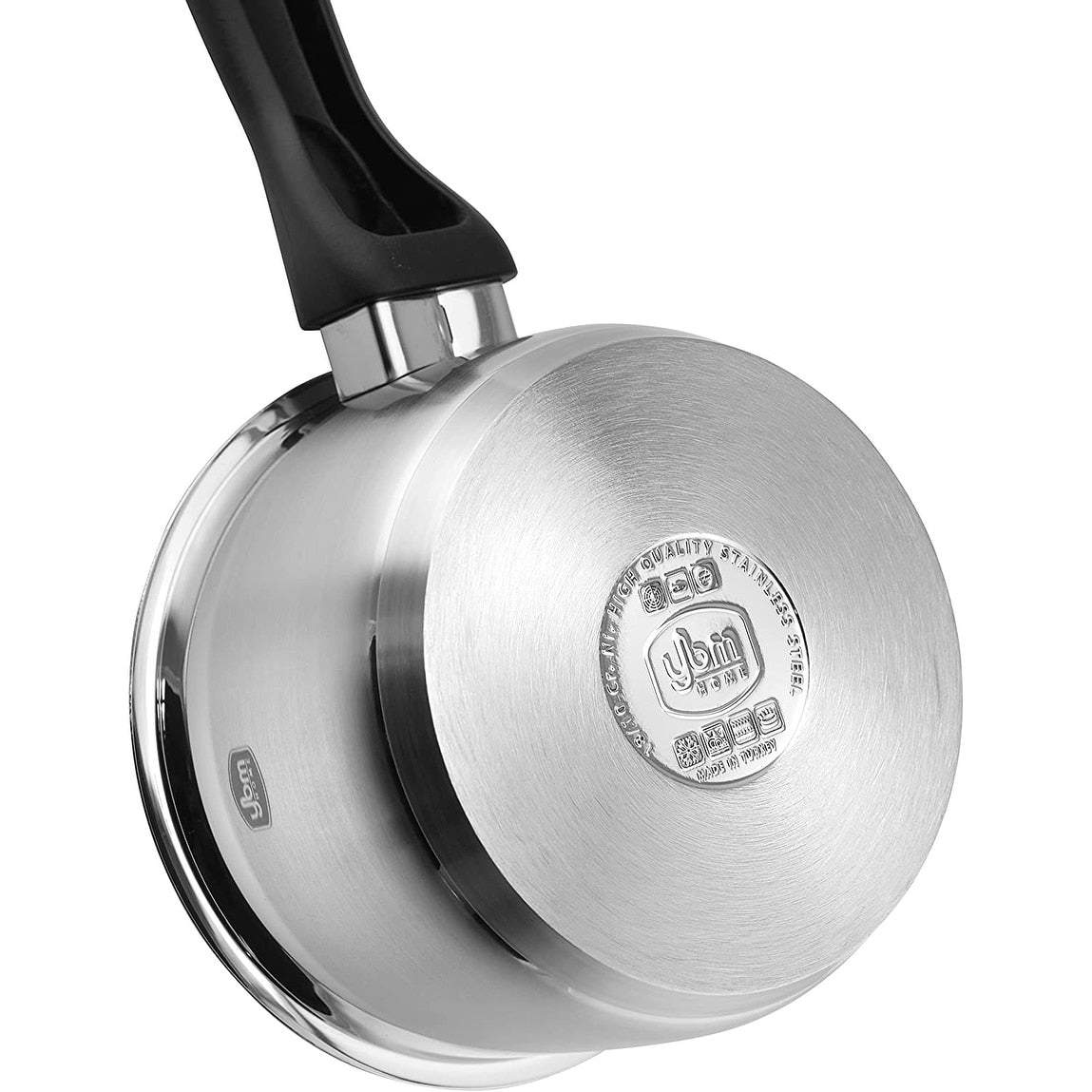 Marmite à sauce professionnelle YBM Home en acier inoxydable 18/10, avec couvercle et base capsule triple épaisseur, compatible induction.