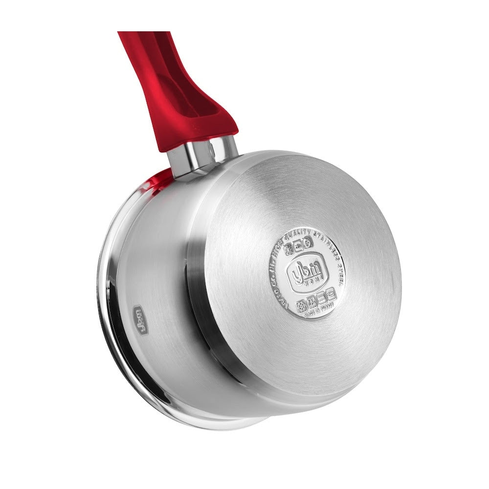 Marmite à sauce professionnelle YBM Home en acier inoxydable 18/10, avec couvercle et base capsule triple épaisseur, compatible induction.