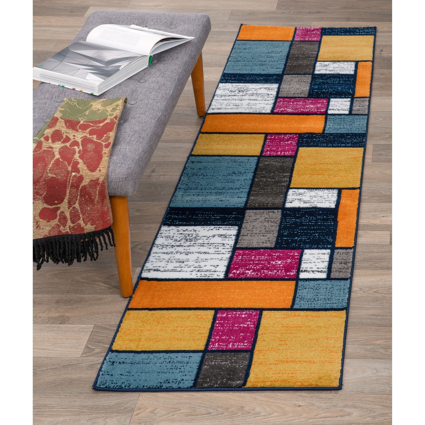 Tapis contemporain moderne à blocs de couleurs en boîte de la World Rug Gallery