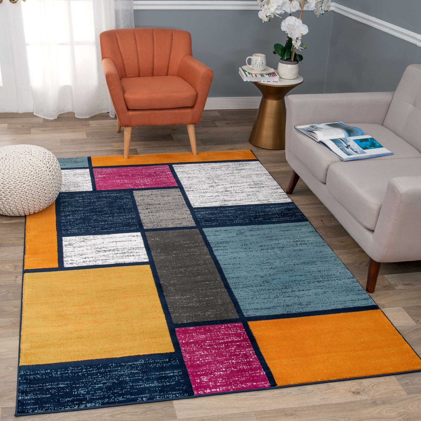 Tapis contemporain moderne à blocs de couleurs en boîte de la World Rug Gallery