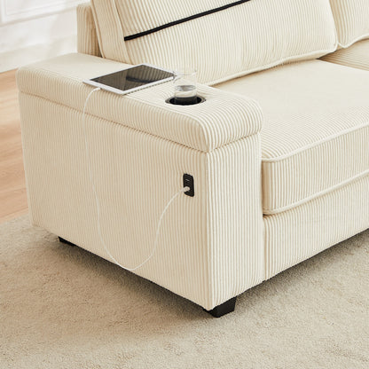 Deep Seat 86.5 Sofa with Storage, USB Charging, and Cup Holders - Comfortable Corduroy Couch
