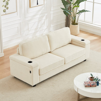 Deep Seat 86.5 Sofa with Storage, USB Charging, and Cup Holders - Comfortable Corduroy Couch