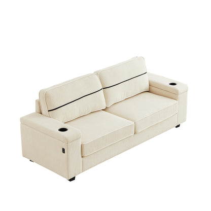 Deep Seat 86.5 Sofa with Storage, USB Charging, and Cup Holders - Comfortable Corduroy Couch