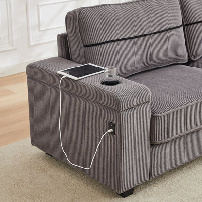 Deep Seat 86.5 Sofa with Storage, USB Charging, and Cup Holders - Comfortable Corduroy Couch