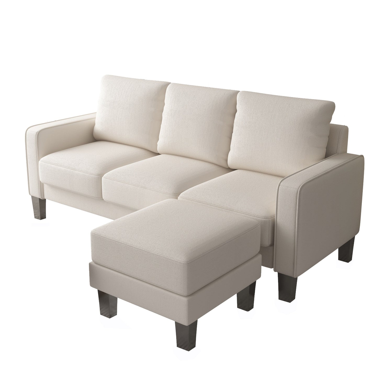 Upholstered 3-Seat Sofa with Ottoman, Removable Cushion Cover and Small Storage Space
