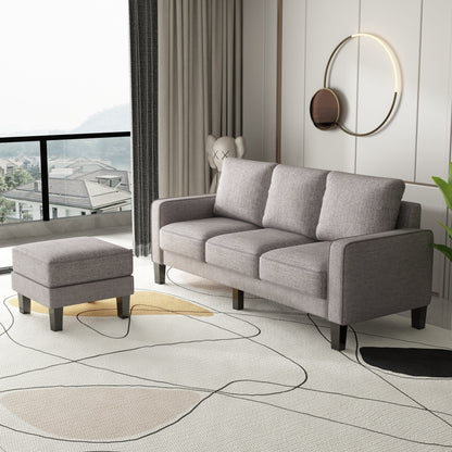 Upholstered 3-Seat Sofa with Ottoman, Removable Cushion Cover and Small Storage Space